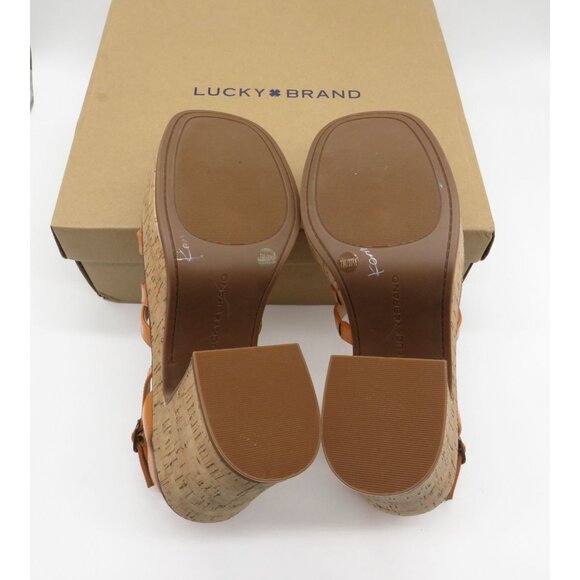 Lucky Brand Orange Strappy Cork Heel Sandals Adjustable Ankle Strap 7 NEW - Picture 7 of 7